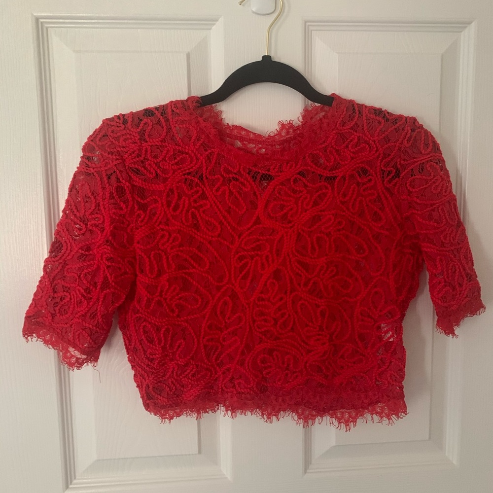 Red Lace Mock Neck Crop Top